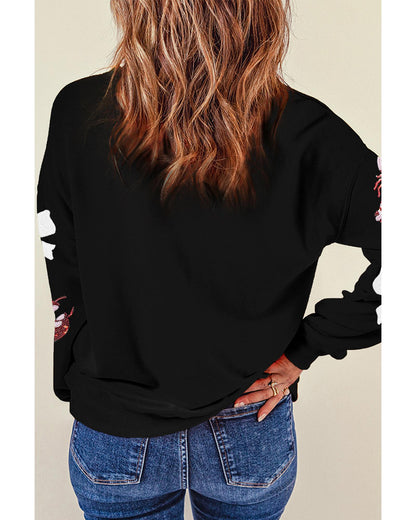 Black Crawfish Bow Sequin Patched Graphic Sweatshirt - M