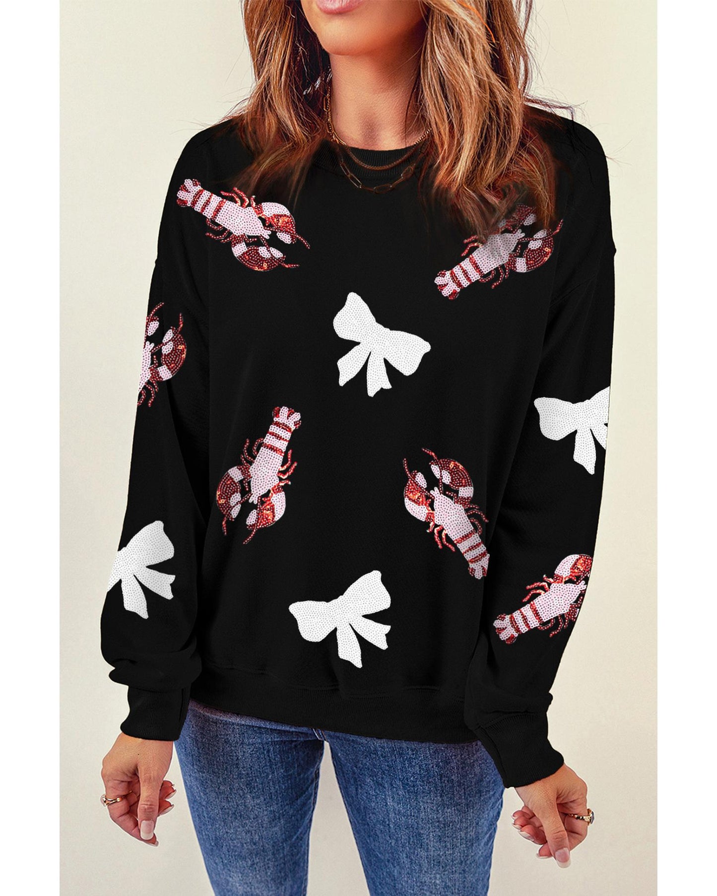 Black Crawfish Bow Sequin Patched Graphic Sweatshirt - M