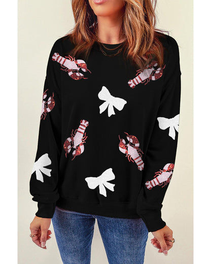 Black Crawfish Bow Sequin Patched Graphic Sweatshirt - M