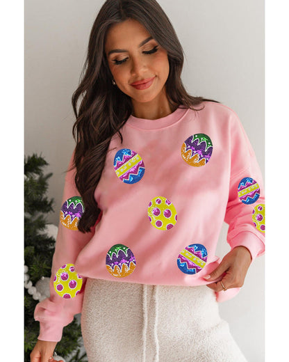 Pink Easter Egg Patched Graphic Drop Shoulder Pullover Sweatshirt - M