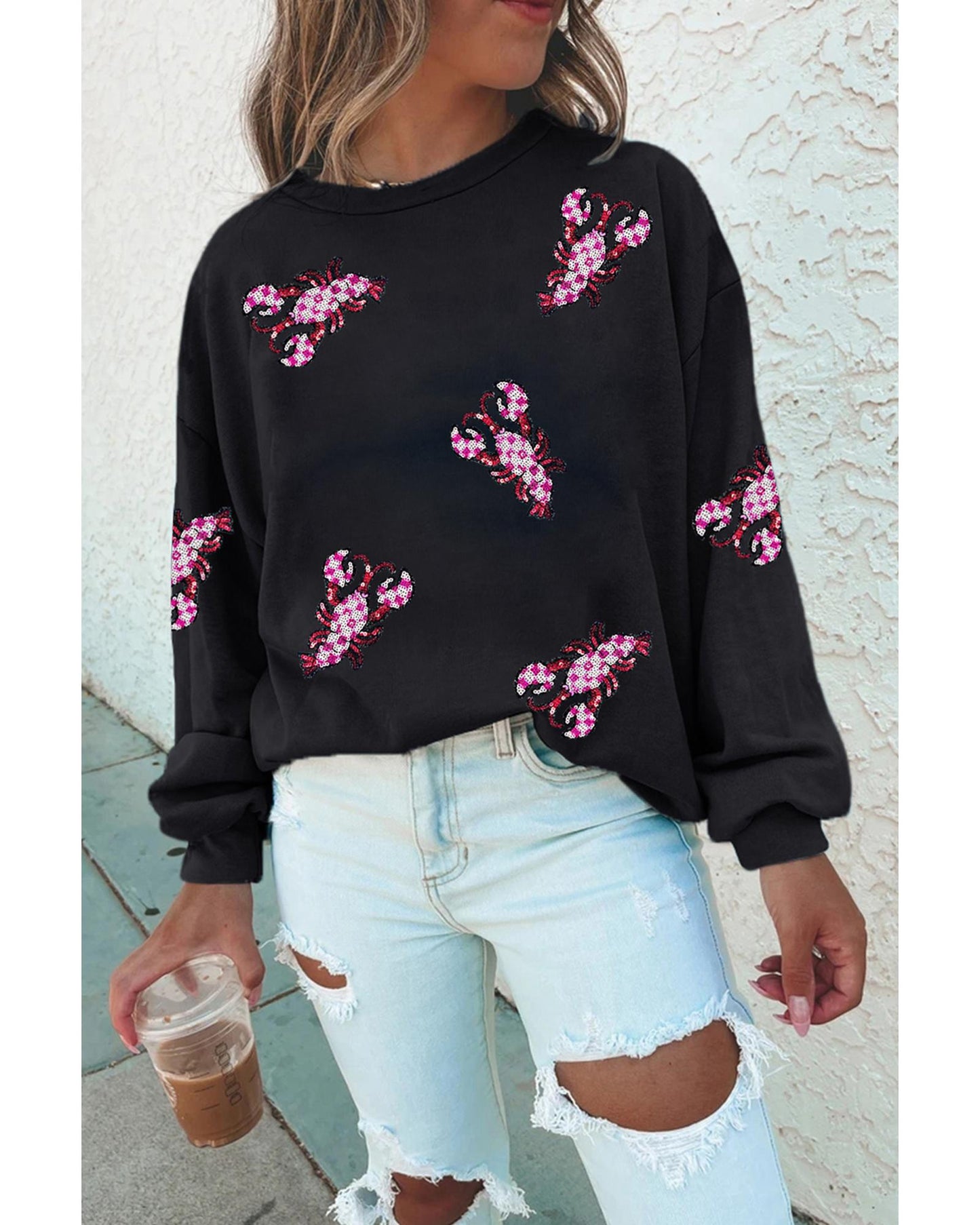 Black Sequined Crawfish Graphic Drop Shoulder Sweatshirt - M