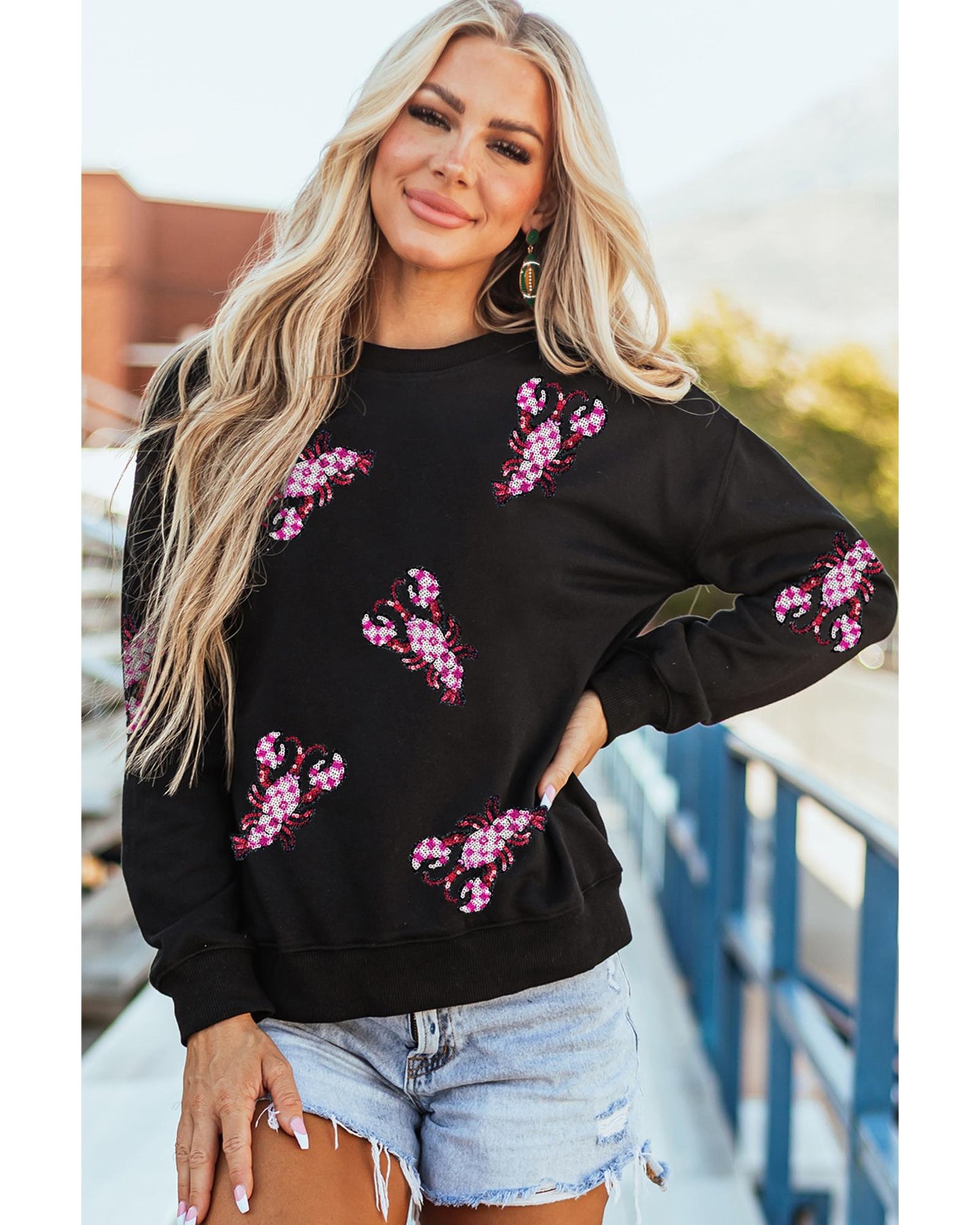Black Sequined Crawfish Graphic Drop Shoulder Sweatshirt - M