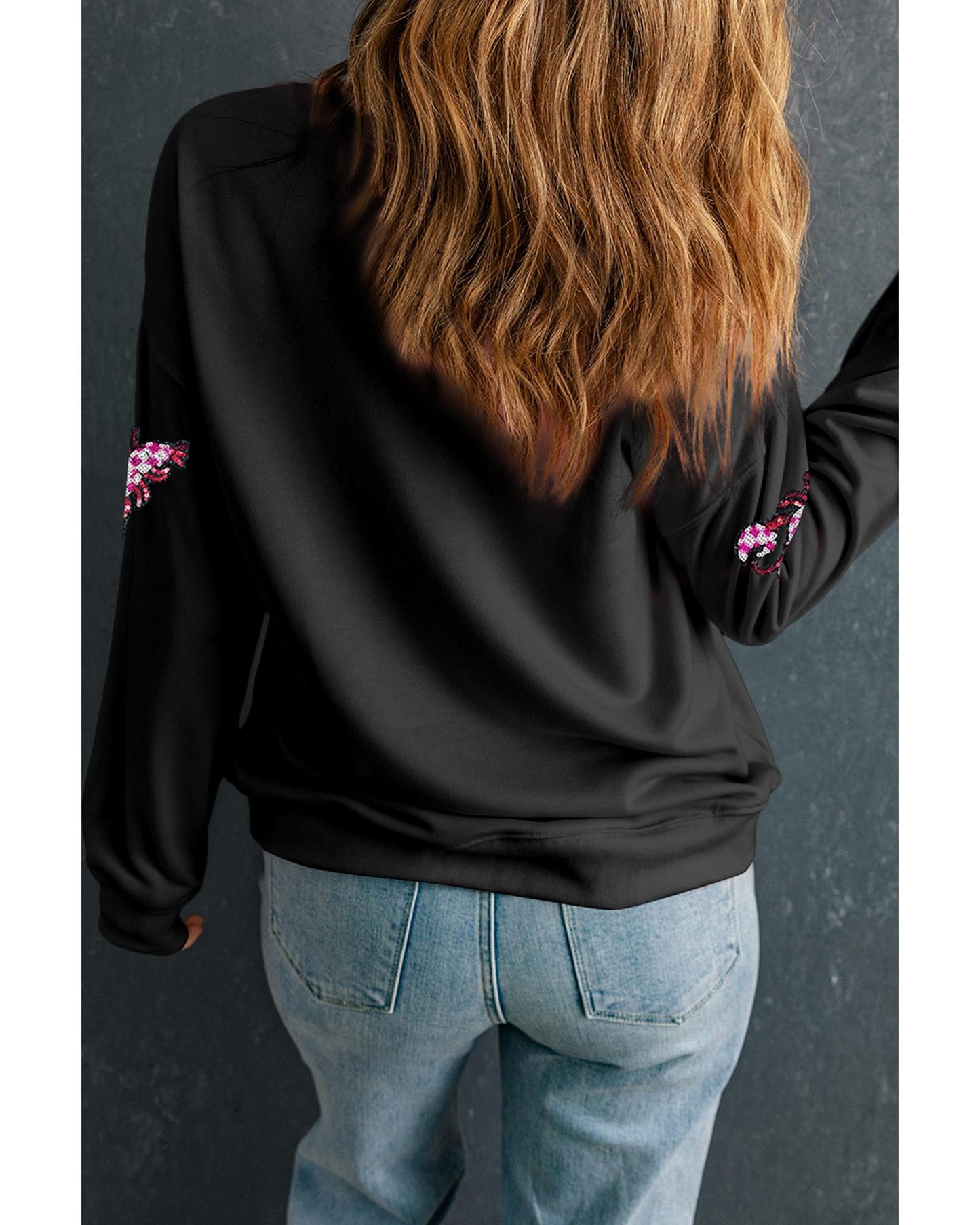 Black Sequined Crawfish Graphic Drop Shoulder Sweatshirt - M