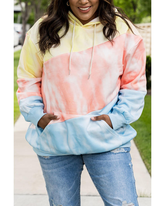 Sky Blue Colorblock Kangaroo Pocket Plus Size Hoodie - 1X