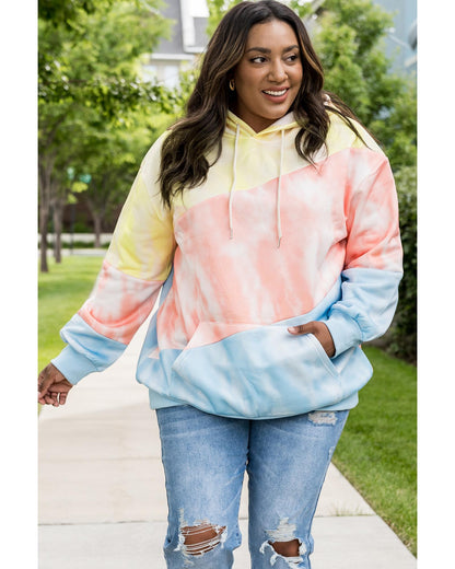 Sky Blue Colorblock Kangaroo Pocket Plus Size Hoodie - 1X