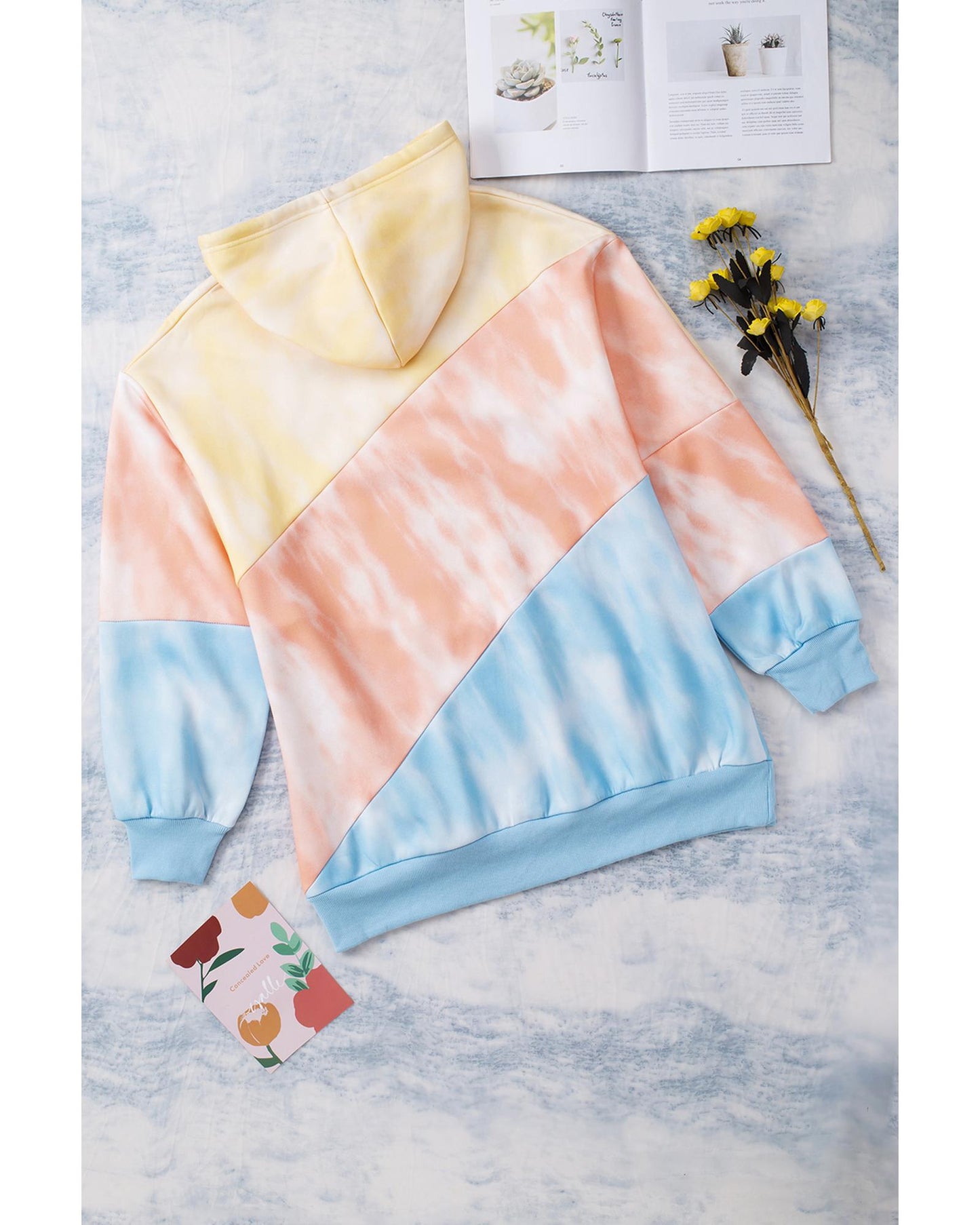 Sky Blue Colorblock Kangaroo Pocket Plus Size Hoodie - 1X
