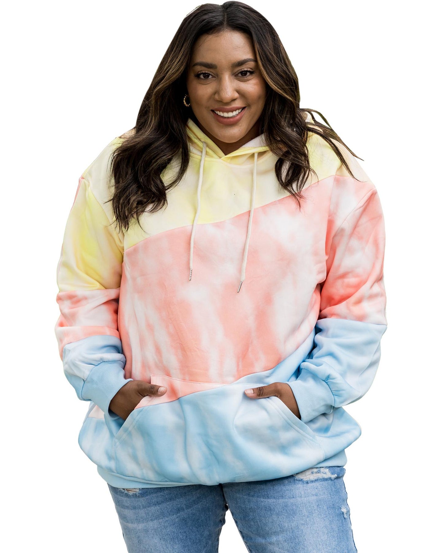Sky Blue Colorblock Kangaroo Pocket Plus Size Hoodie - 1X
