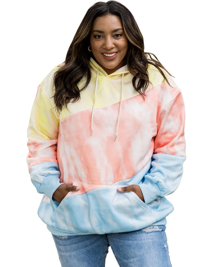 Sky Blue Colorblock Kangaroo Pocket Plus Size Hoodie - 1X