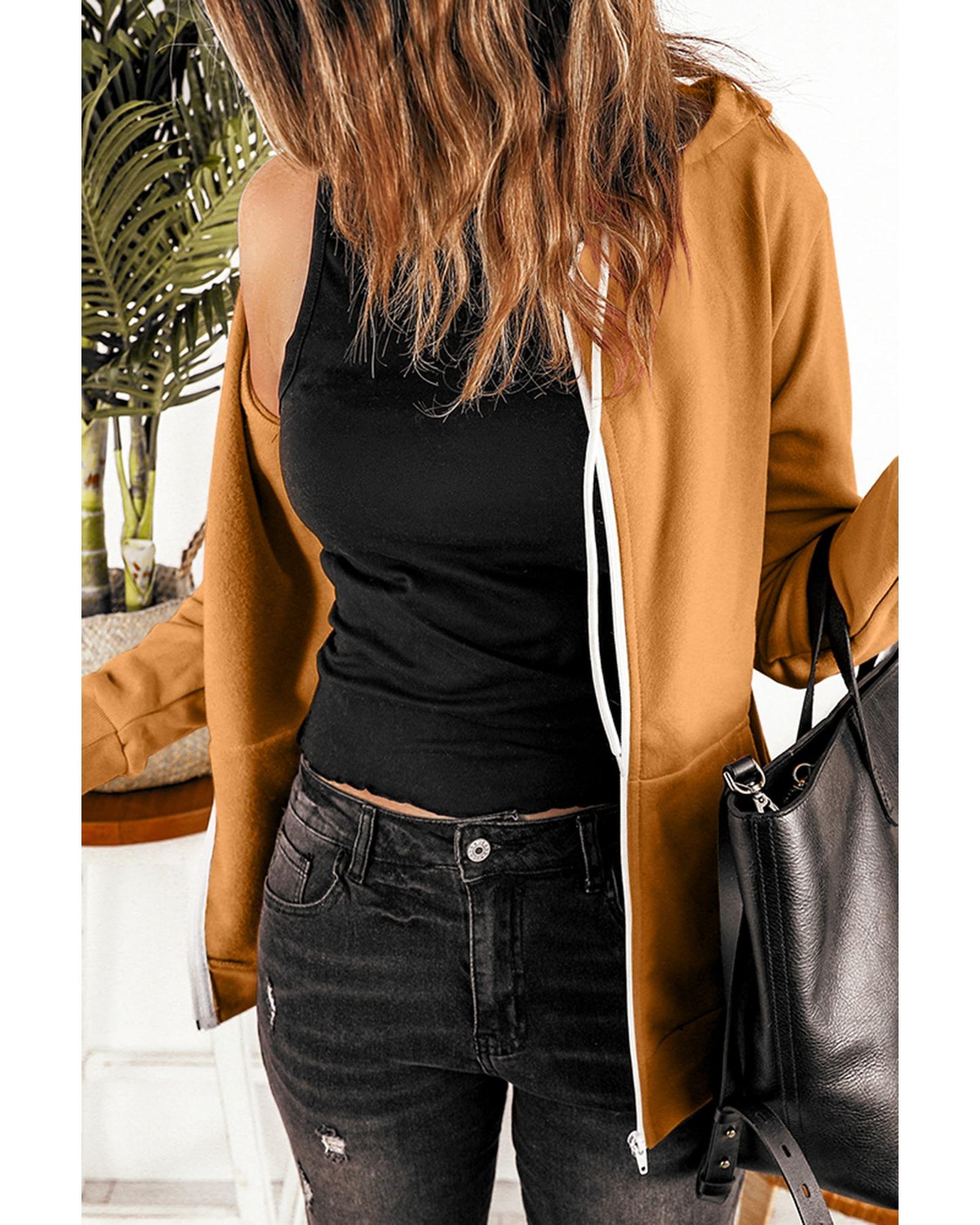 Brown Zip-Up Pocket Drawstring Hoodie Jacket - 2XL