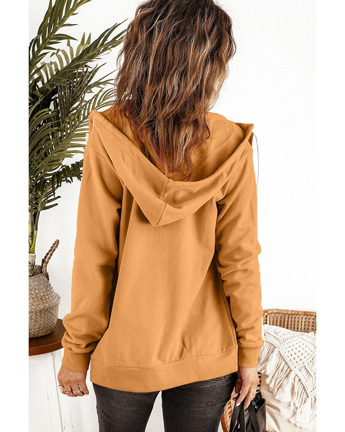 Brown Zip-Up Pocket Drawstring Hoodie Jacket - L