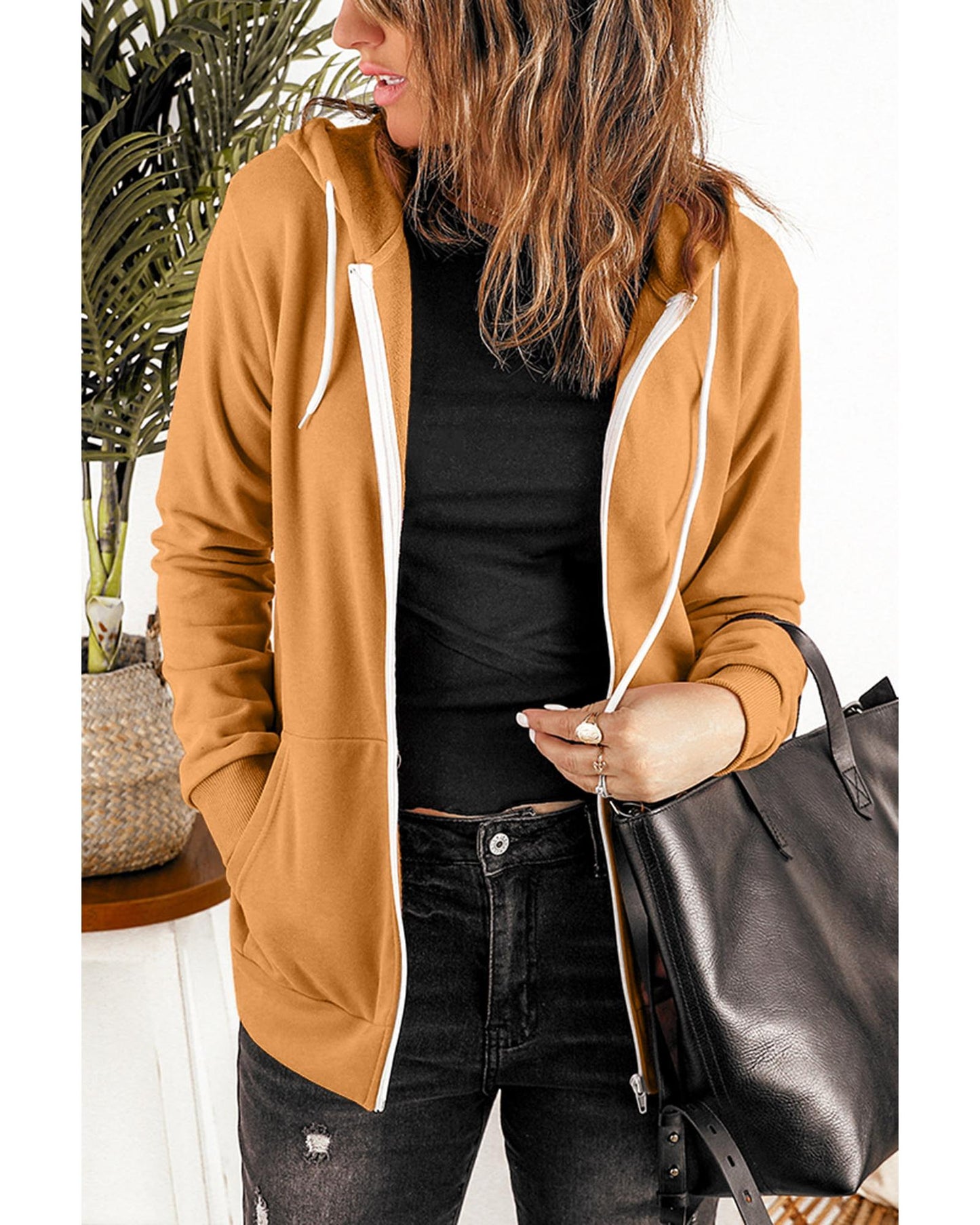 Brown Zip-Up Pocket Drawstring Hoodie Jacket - S