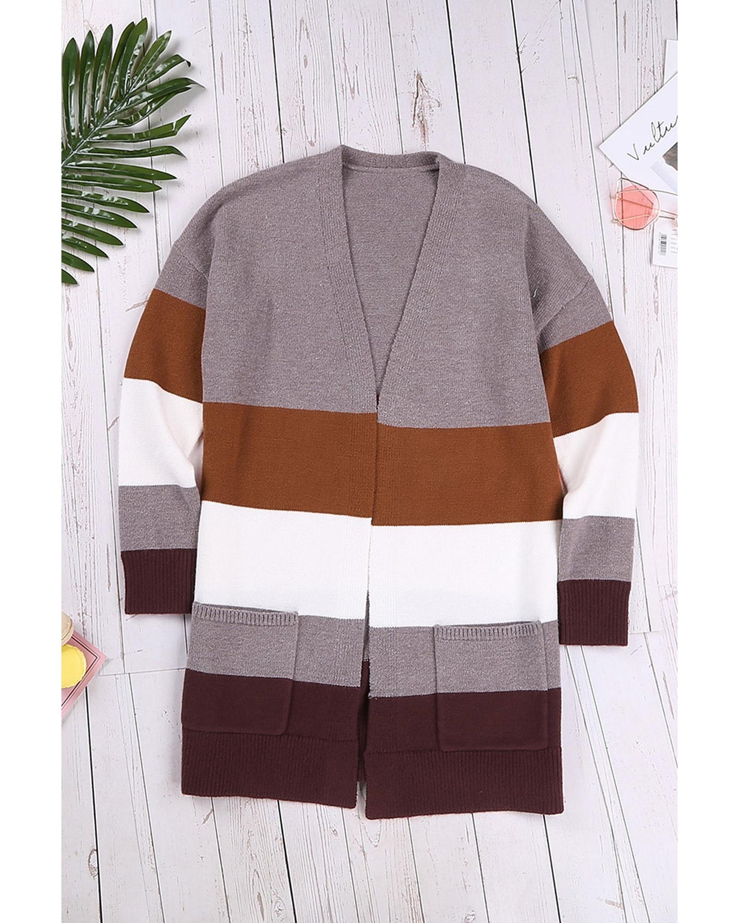 Open Front Colorblock Cardigan with Pockets - S