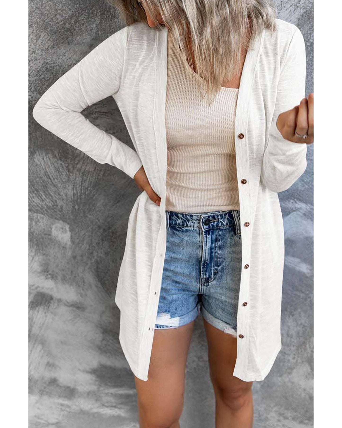 White Solid Color Open-Front Buttons Cardigan - 2XL