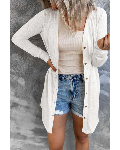 White Solid Color Open-Front Buttons Cardigan - 2XL