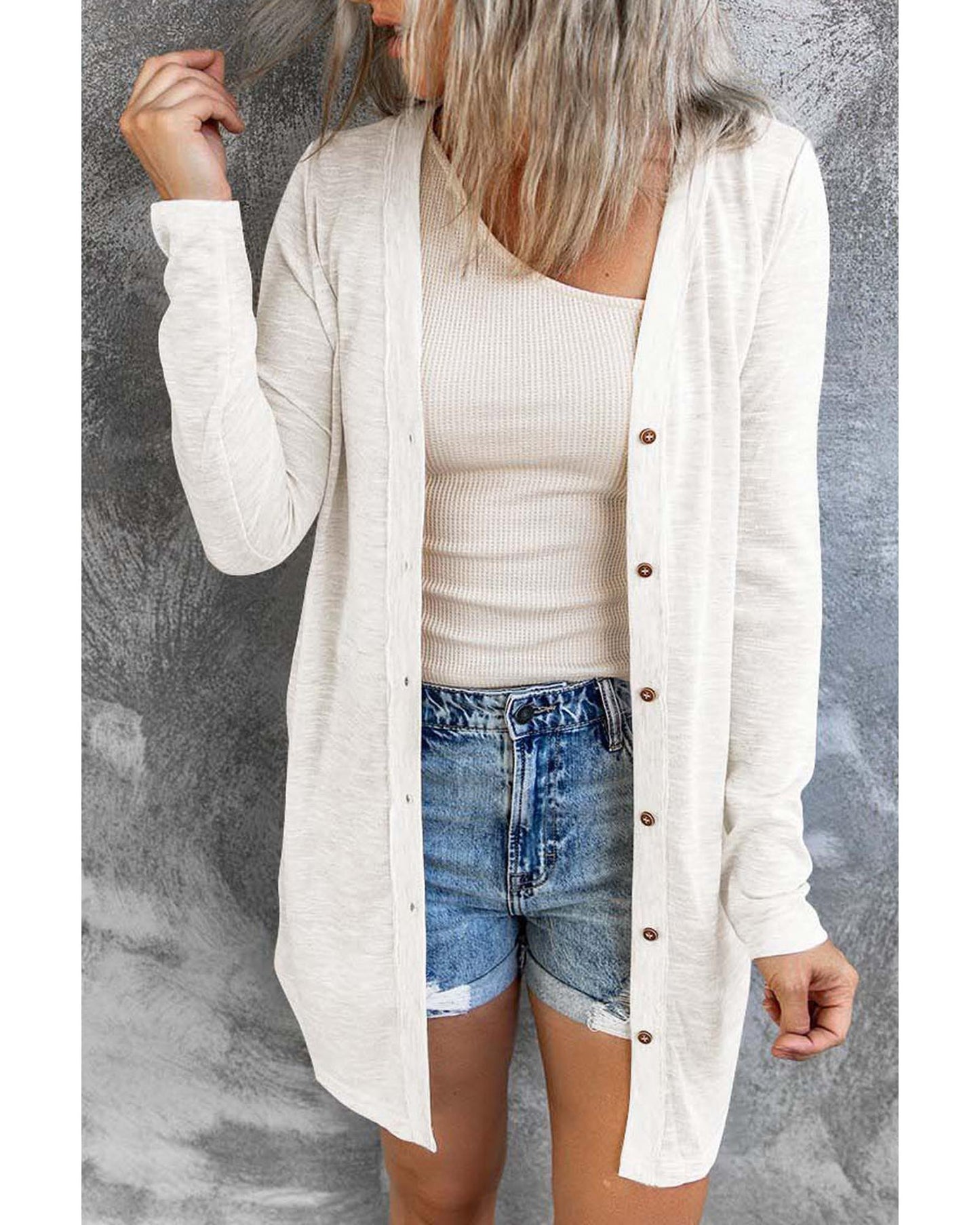 White Solid Color Open-Front Buttons Cardigan - M