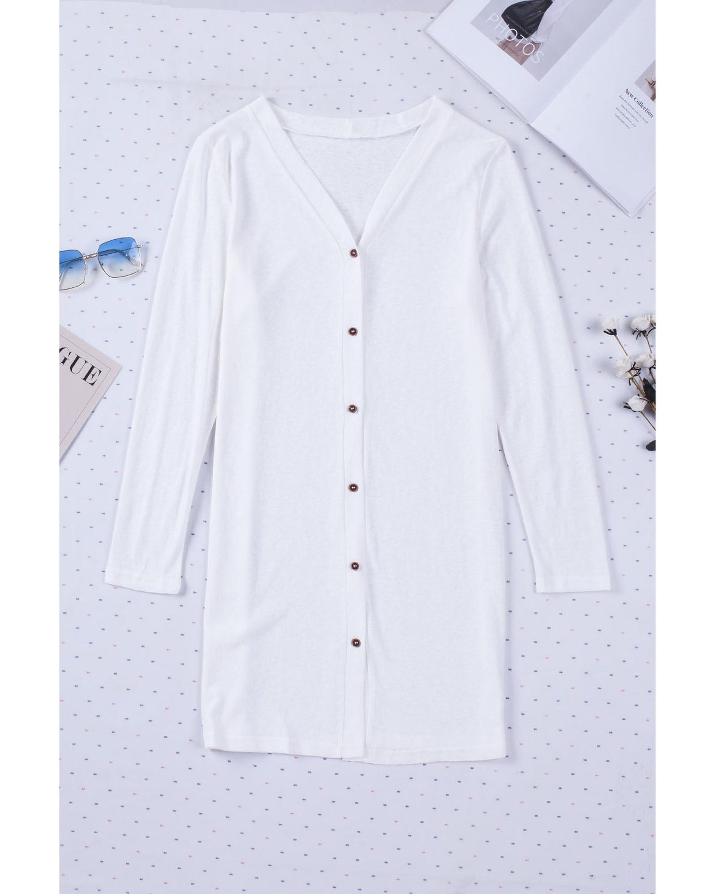 White Solid Color Open-Front Buttons Cardigan - M