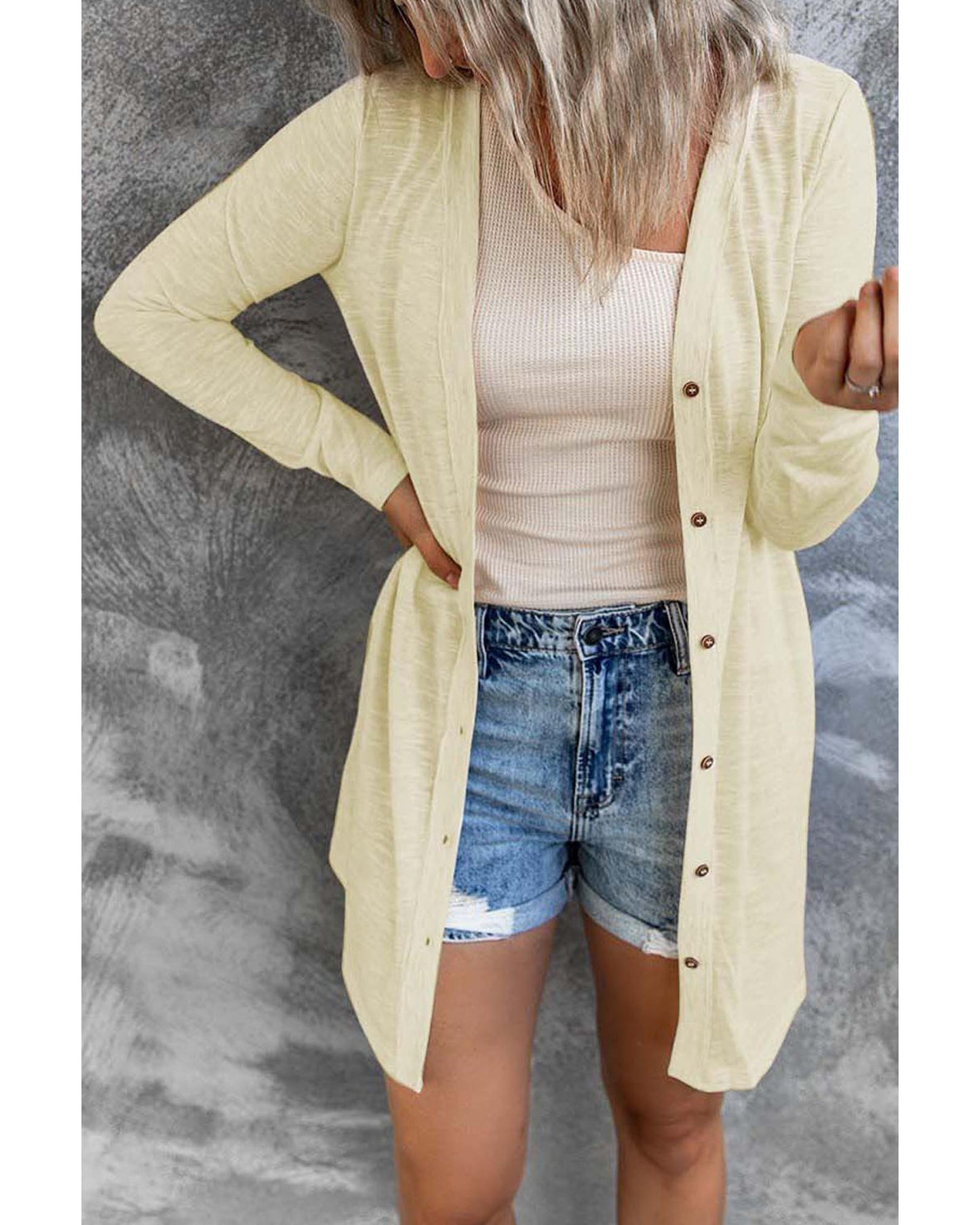 Beige Solid Color Open-Front Buttons Cardigan - 2XL