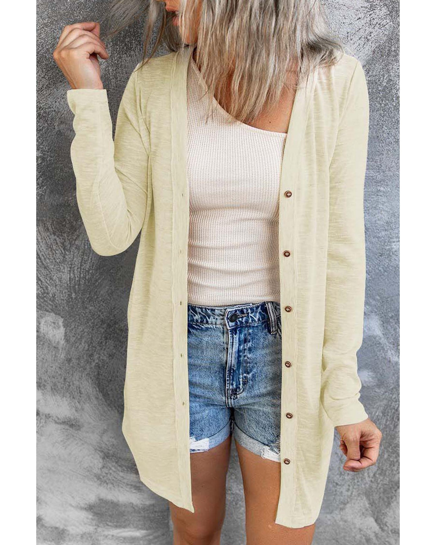 Beige Solid Color Open-Front Buttons Cardigan - M