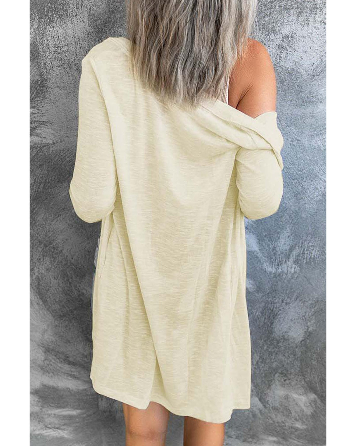 Beige Solid Color Open-Front Buttons Cardigan - M