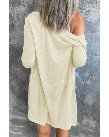 Beige Solid Color Open-Front Buttons Cardigan - M