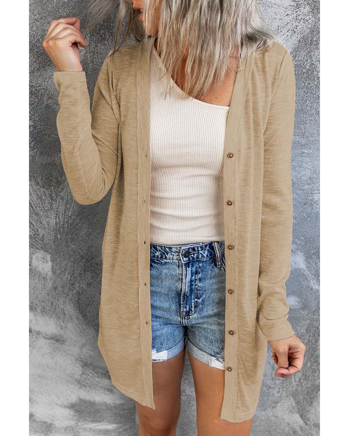 Solid Color Open-Front Buttons Cardigan - M
