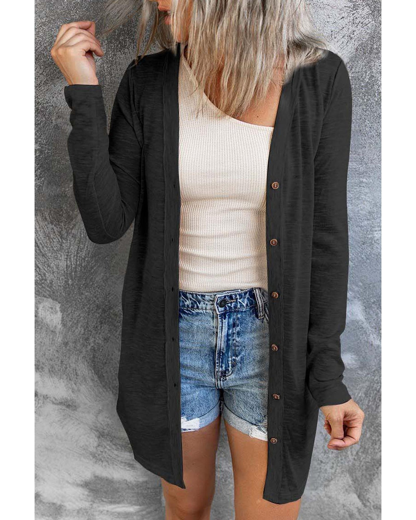 Azura Exchange Black Solid Color Open-Front Buttons Cardigan - M
