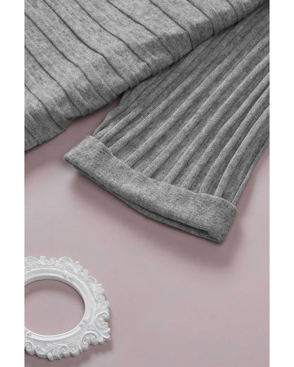 Gray Ribbed Open Front Knit Cardigan - L