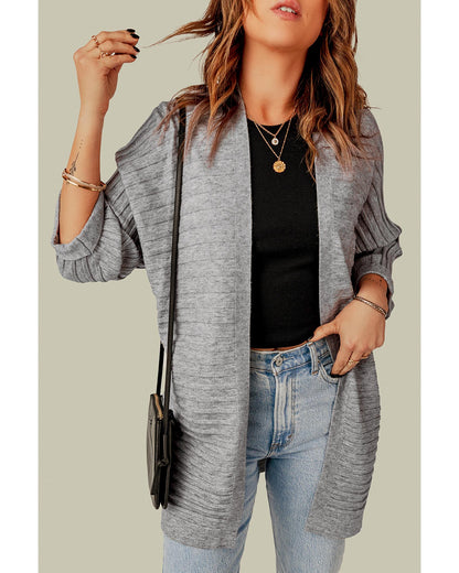 Gray Ribbed Open Front Knit Cardigan - L