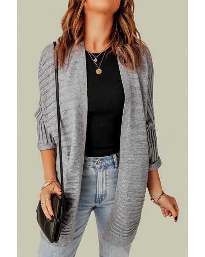 Gray Ribbed Open Front Knit Cardigan - L