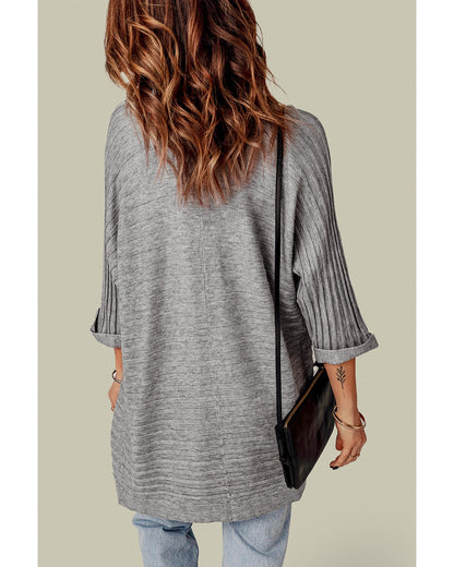 Gray Ribbed Open Front Knit Cardigan - L