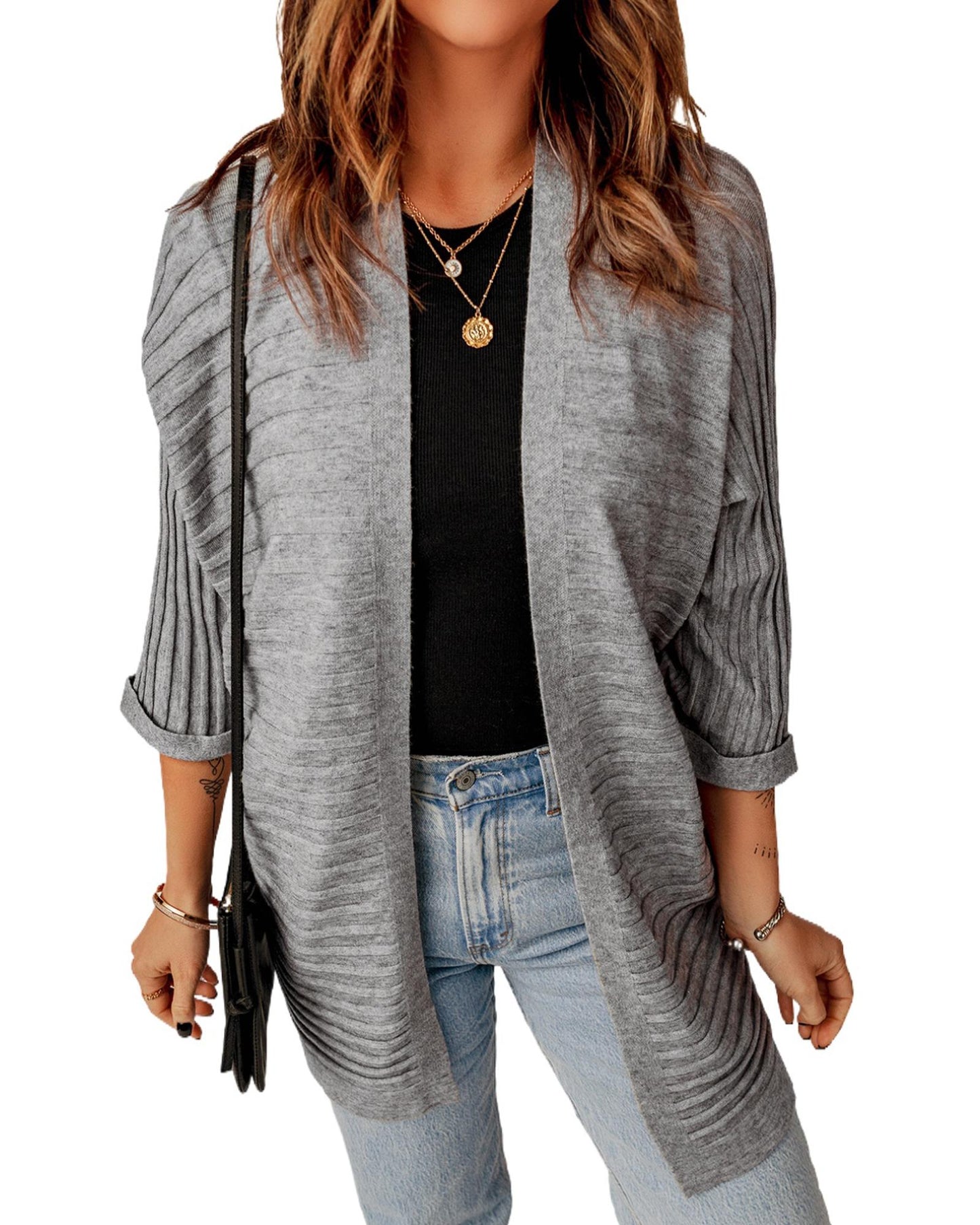 Gray Ribbed Open Front Knit Cardigan - L