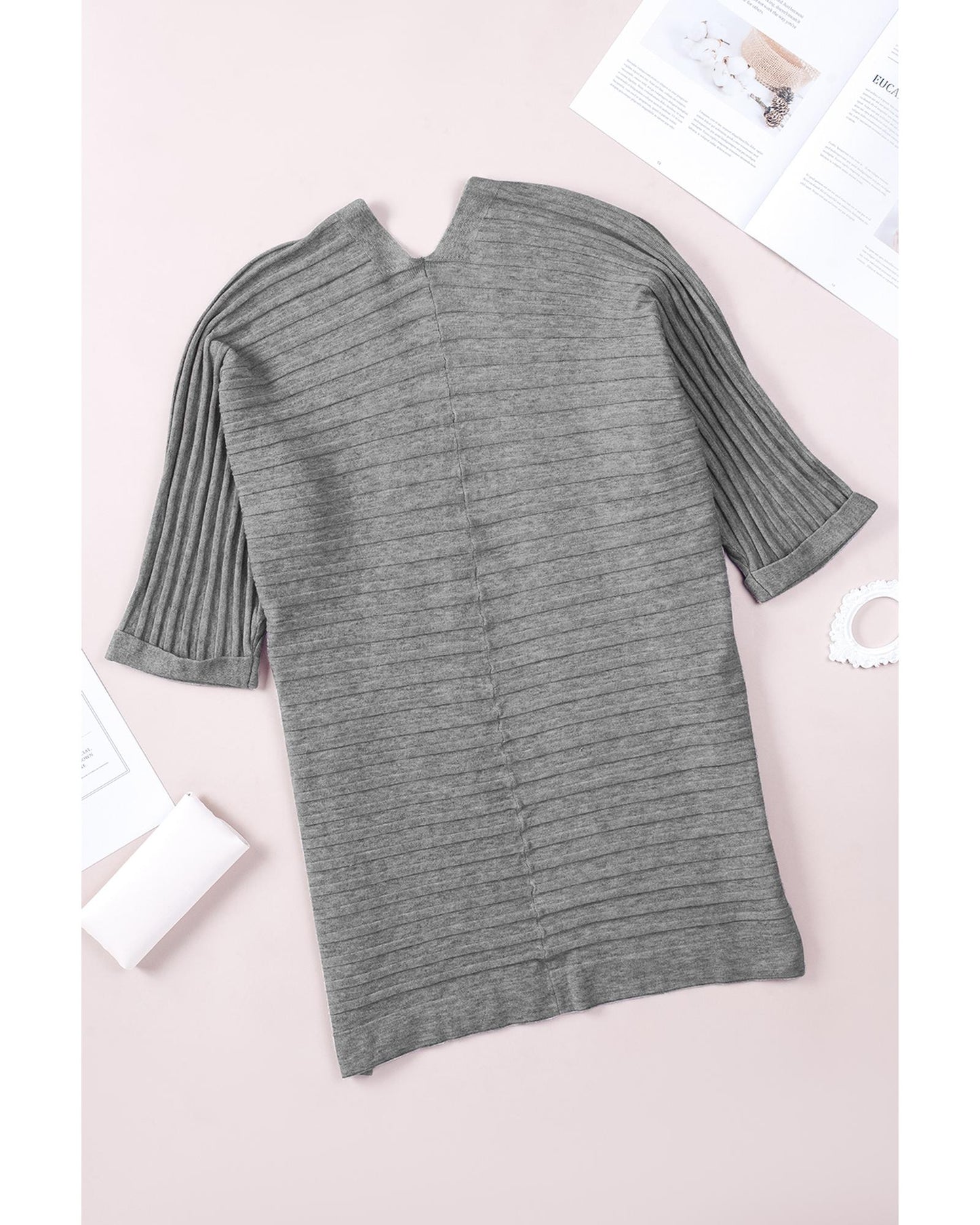 Gray Ribbed Open Front Knit Cardigan - L