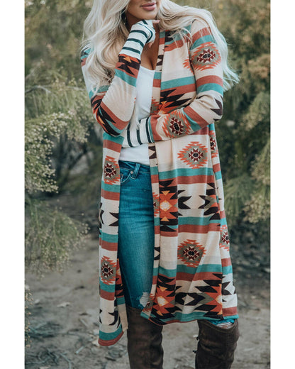 Multicolor Geometric Color Block Open Front Long Cardigan - 2XL