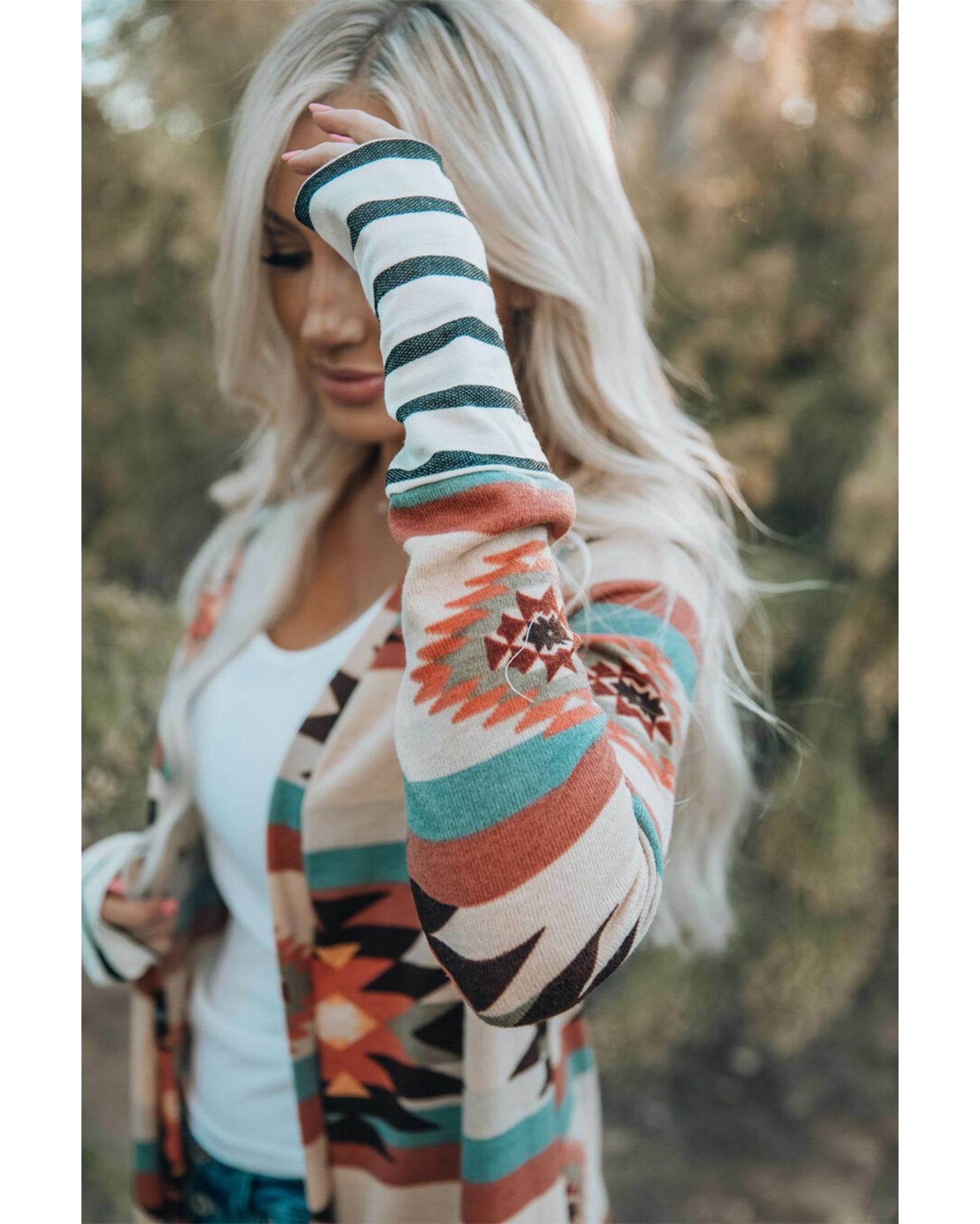 Multicolor Geometric Color Block Open Front Long Cardigan - 2XL