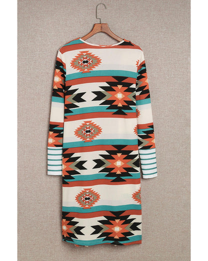 Multicolor Geometric Color Block Open Front Long Cardigan - L