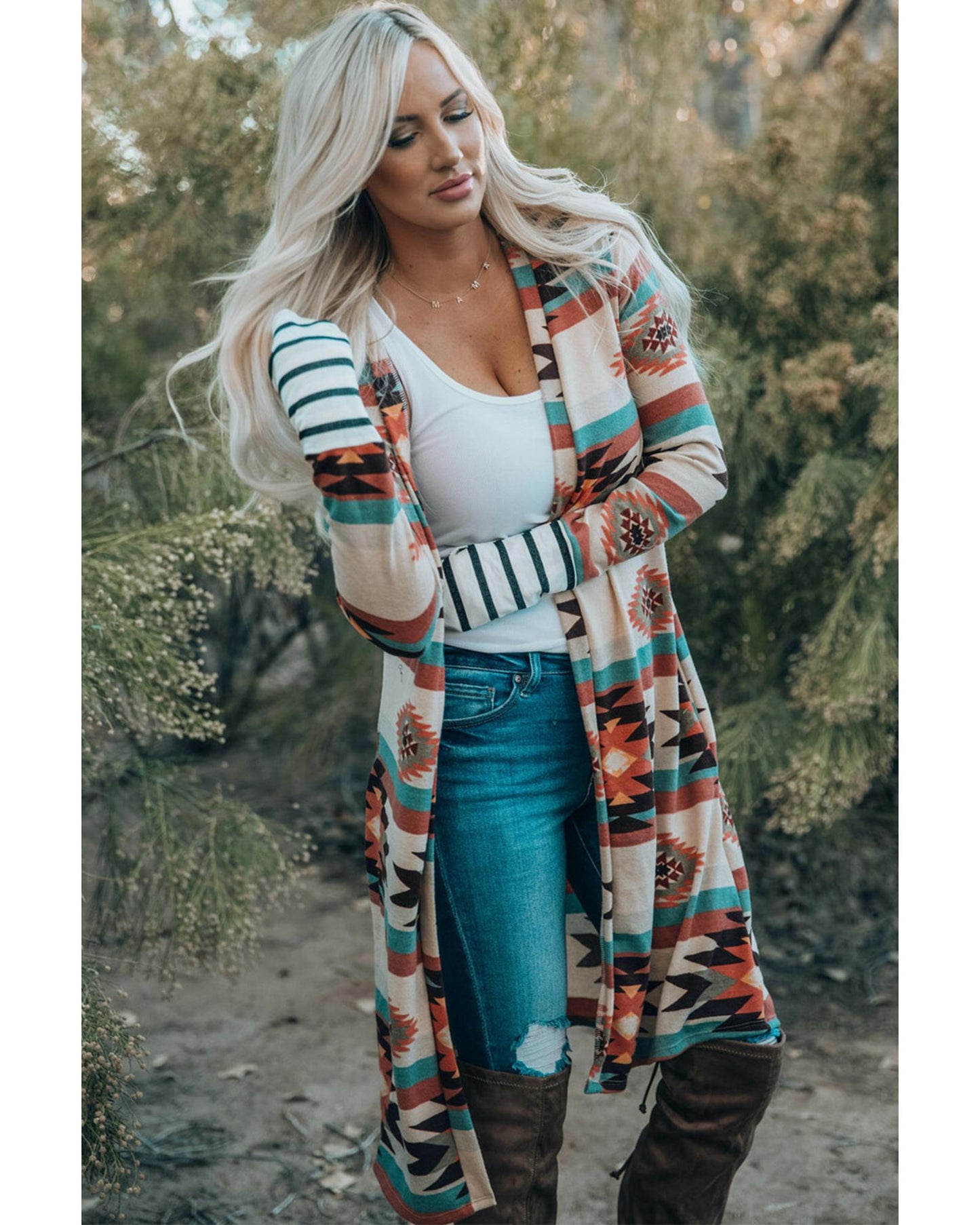 Multicolor Geometric Color Block Open Front Long Cardigan - L