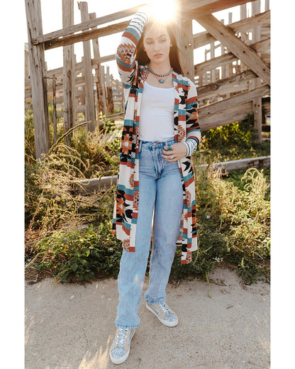 Multicolor Geometric Color Block Open Front Long Cardigan - M
