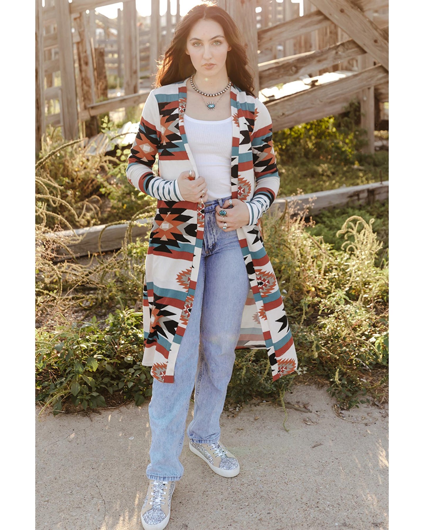 Multicolor Geometric Color Block Open Front Long Cardigan - M