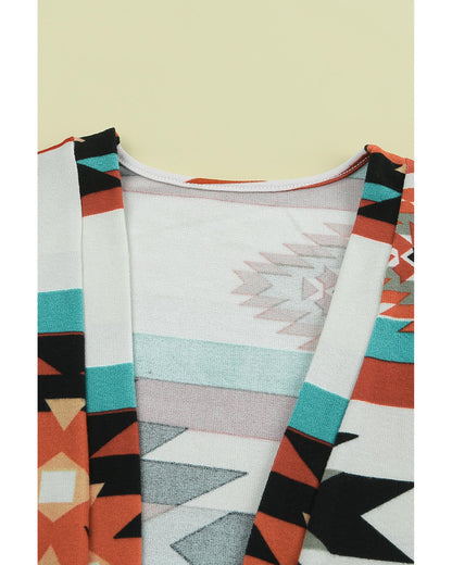 Multicolor Geometric Color Block Open Front Long Cardigan - M