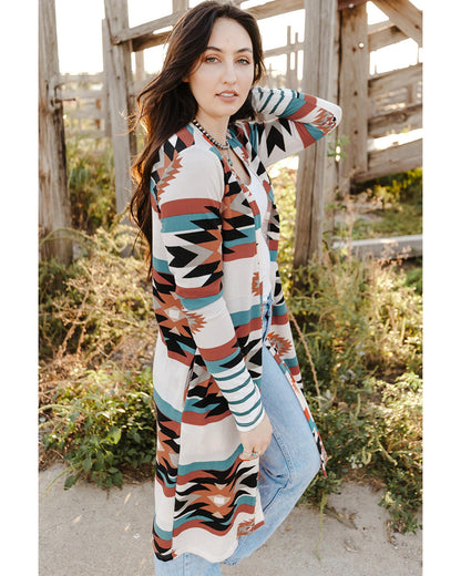 Multicolor Geometric Color Block Open Front Long Cardigan - M
