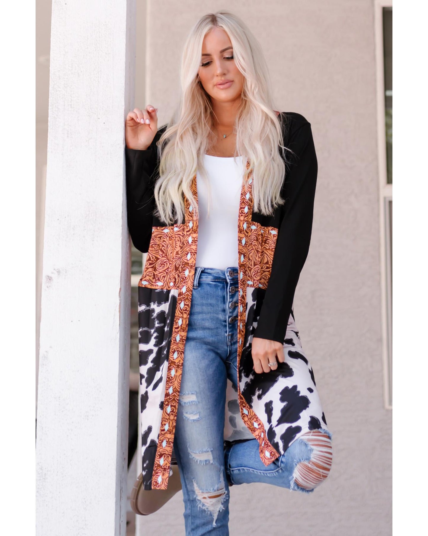 Black Western Pattern Cow Patchwork Open Front Cardigan - L