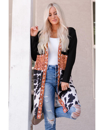 Black Western Pattern Cow Patchwork Open Front Cardigan - L