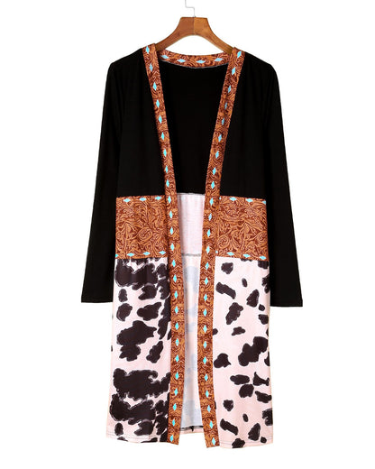 Black Western Pattern Cow Patchwork Open Front Cardigan - L