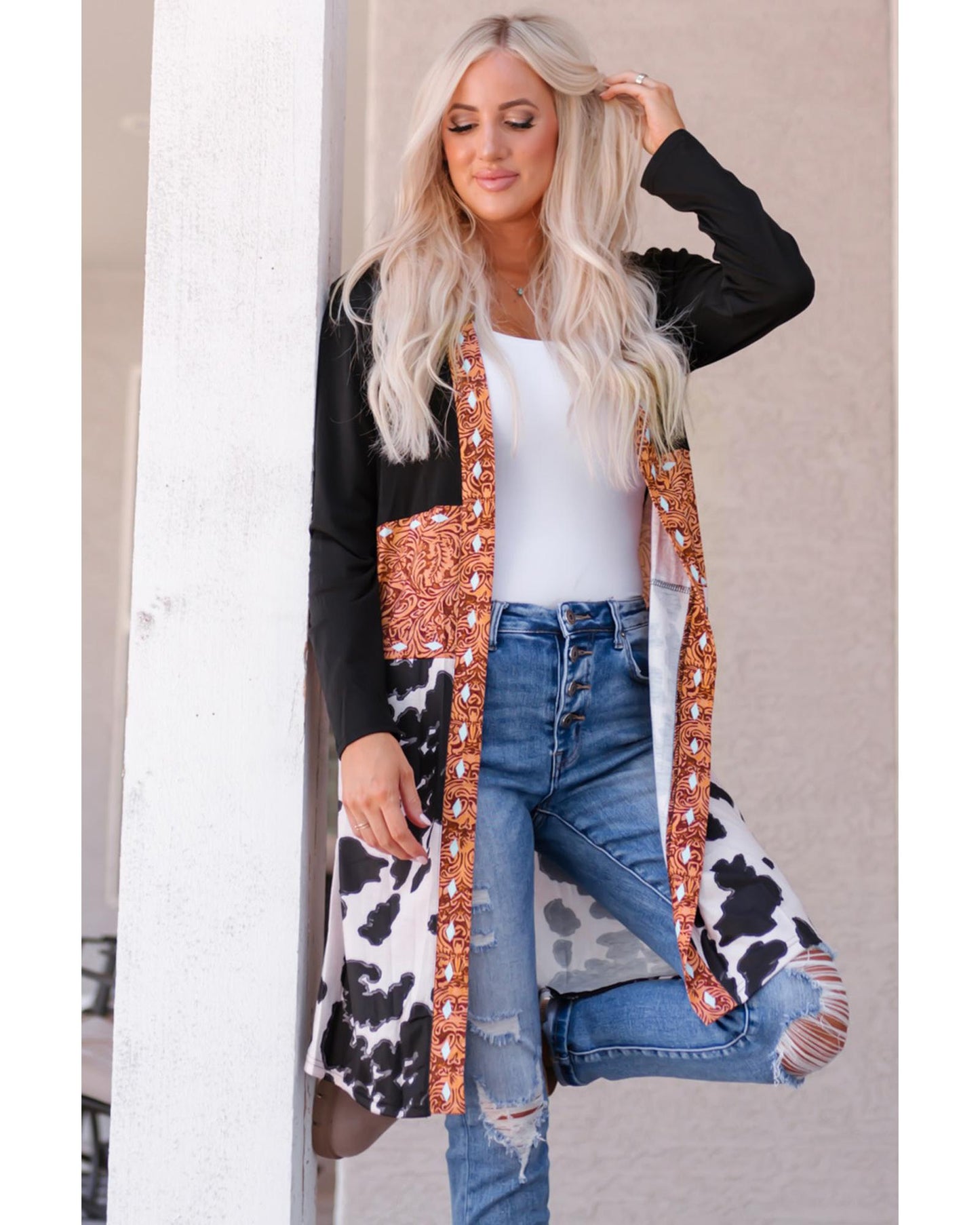 Black Western Pattern Cow Patchwork Open Front Cardigan - L