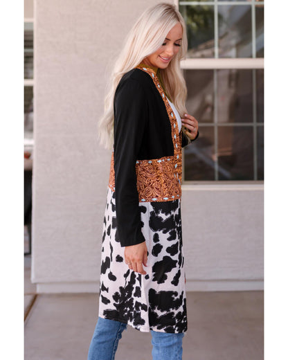 Black Western Pattern Cow Patchwork Open Front Cardigan - L
