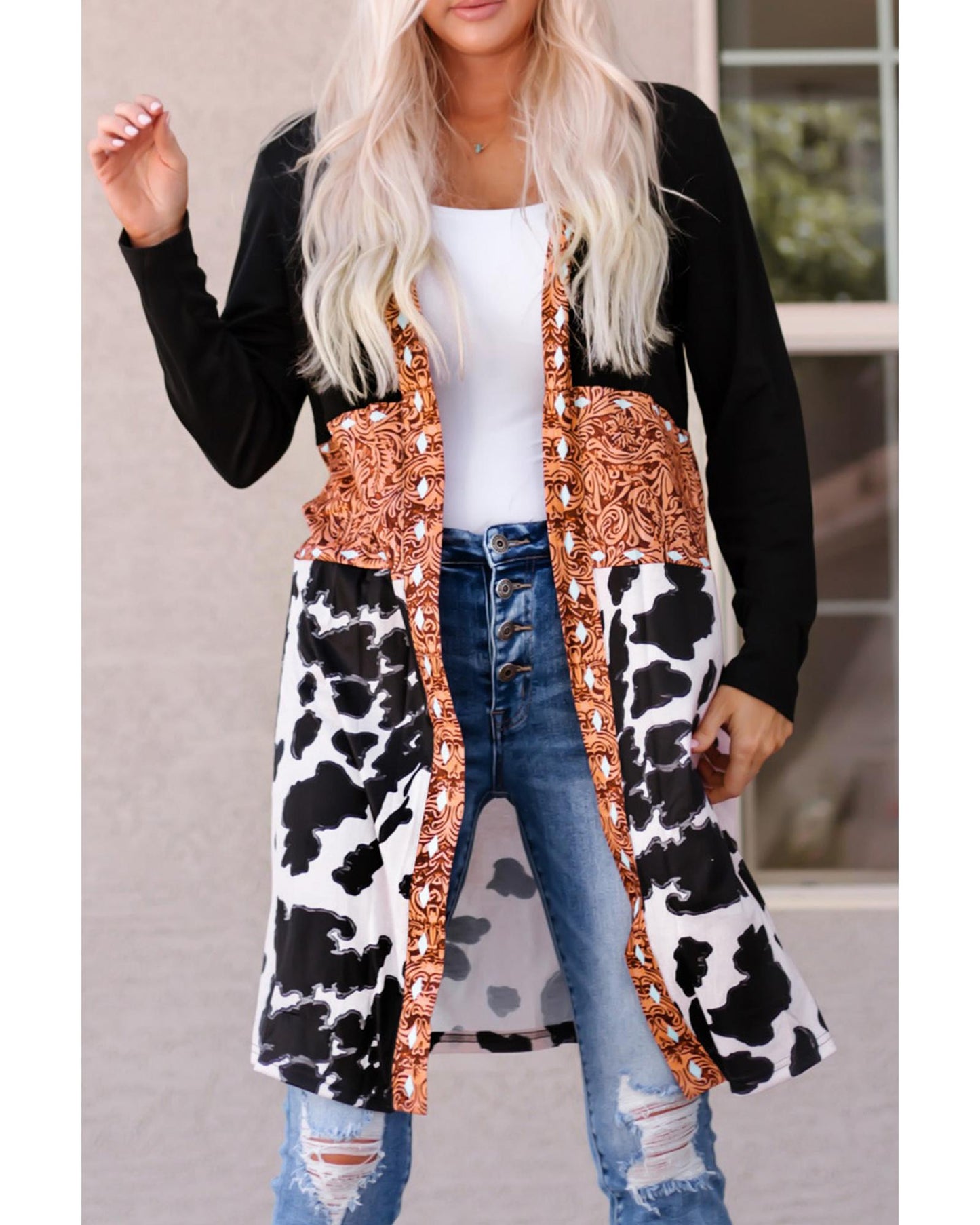 Black Western Pattern Cow Patchwork Open Front Cardigan - M