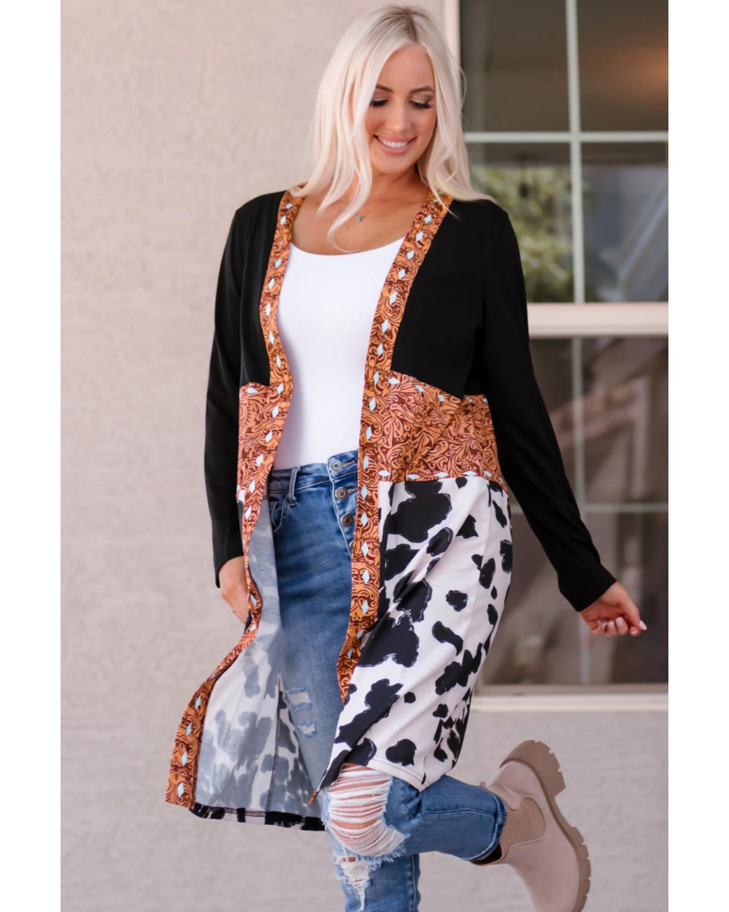 Black Western Pattern Cow Patchwork Open Front Cardigan - M