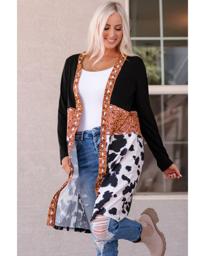 Black Western Pattern Cow Patchwork Open Front Cardigan - M