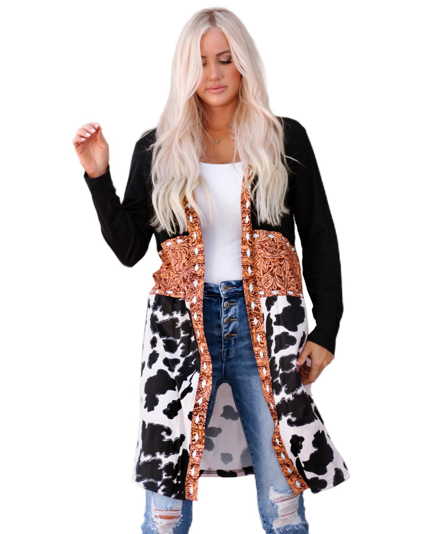 Black Western Pattern Cow Patchwork Open Front Cardigan - S