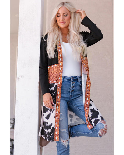 Black Western Pattern Cow Patchwork Open Front Cardigan - S